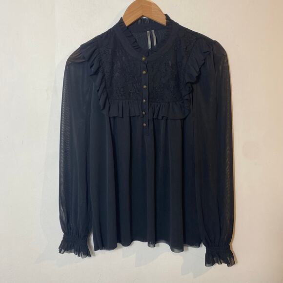 Anthropologie S Black Sheer Peasant Top Ruffle Goth Romantic‎ Dark Academia Boho - Picture 2 of 9
